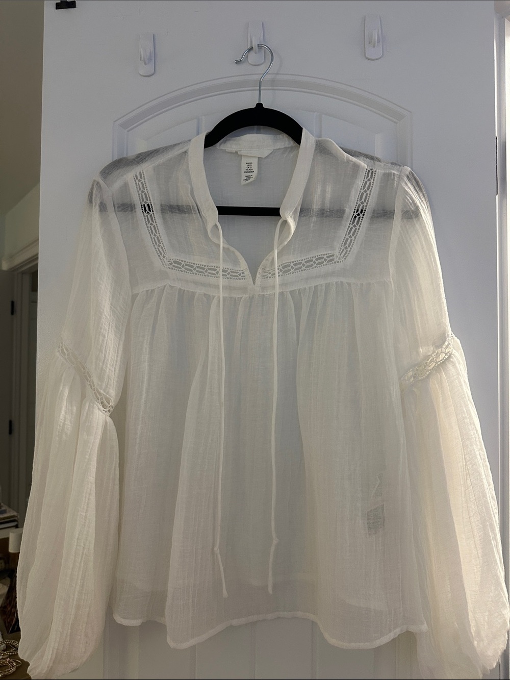 H&M White Sheer Peasant Tunic with Lace Yoke